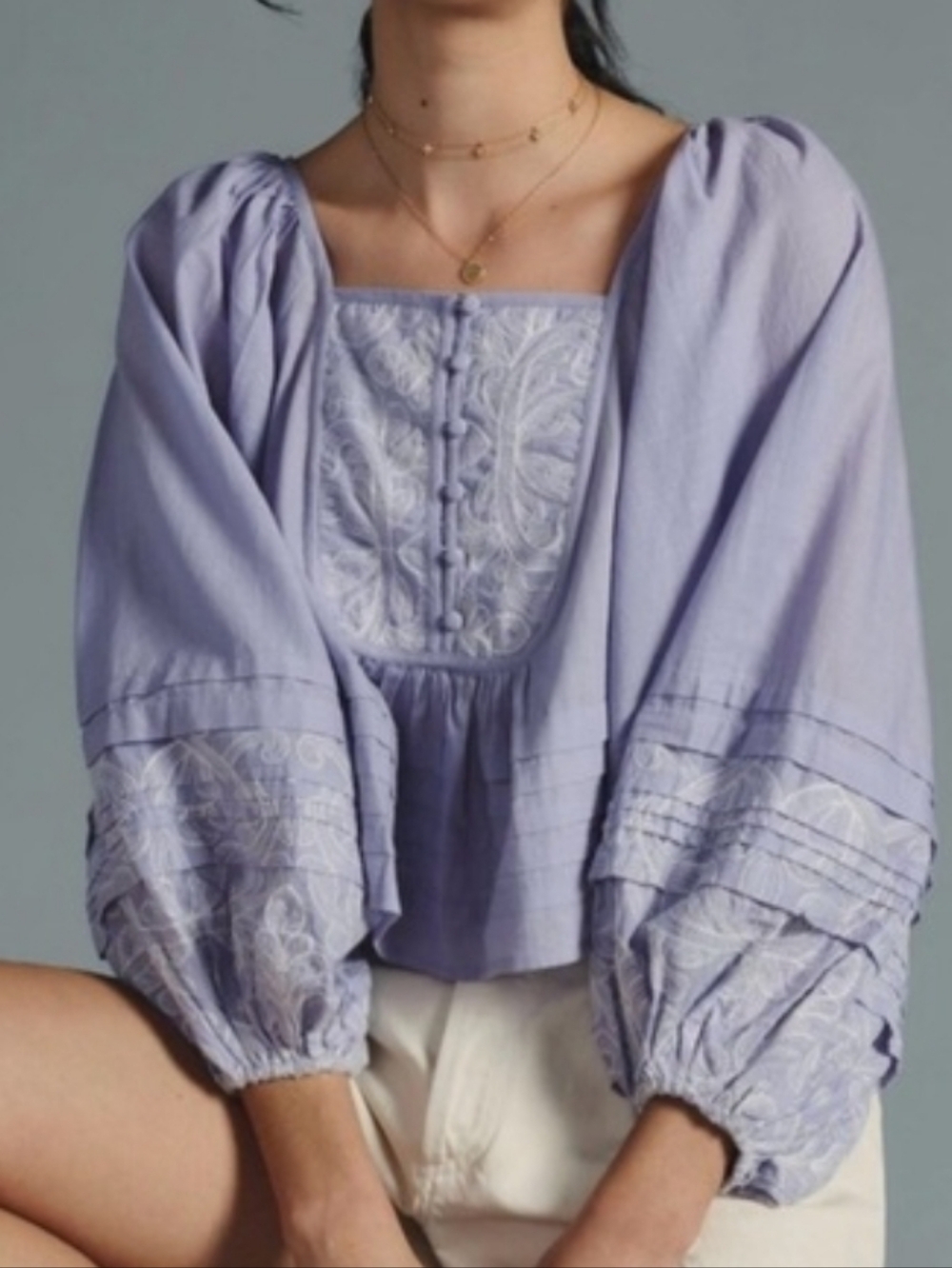 By Anthropologie Xs Lavender Embroidered Square-Neck Peasant Blouse